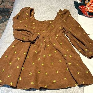 Brown Puff Sleeve corduroy dress